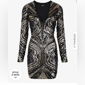 Express Sequin Holiday V-Neck Long Sleeve Mini Dress-Black Medium